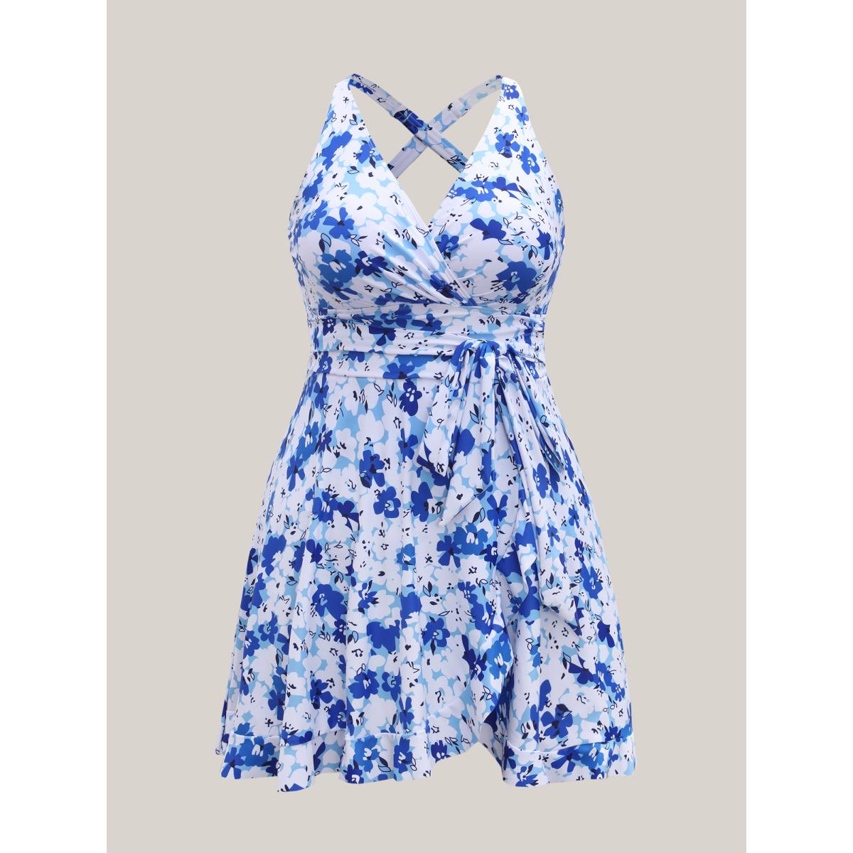 Plus Size Floral Print Belted Flared Swim Dress Women's Swimwear Mediumblue Resort Bodycon Overlap Collar High stretch Curve Swim Dresses BloomChic 18-20/2X Product Image