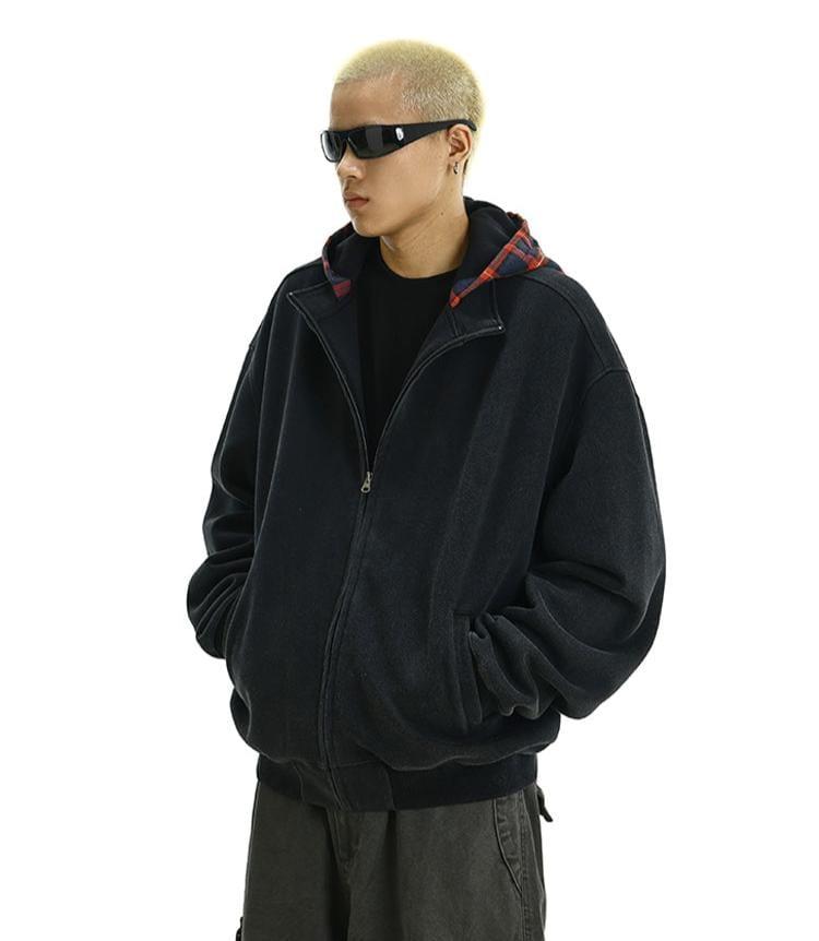 RT No. 11617 BLACK PLAID HOOD ZIP-UP HOODIE Product Image