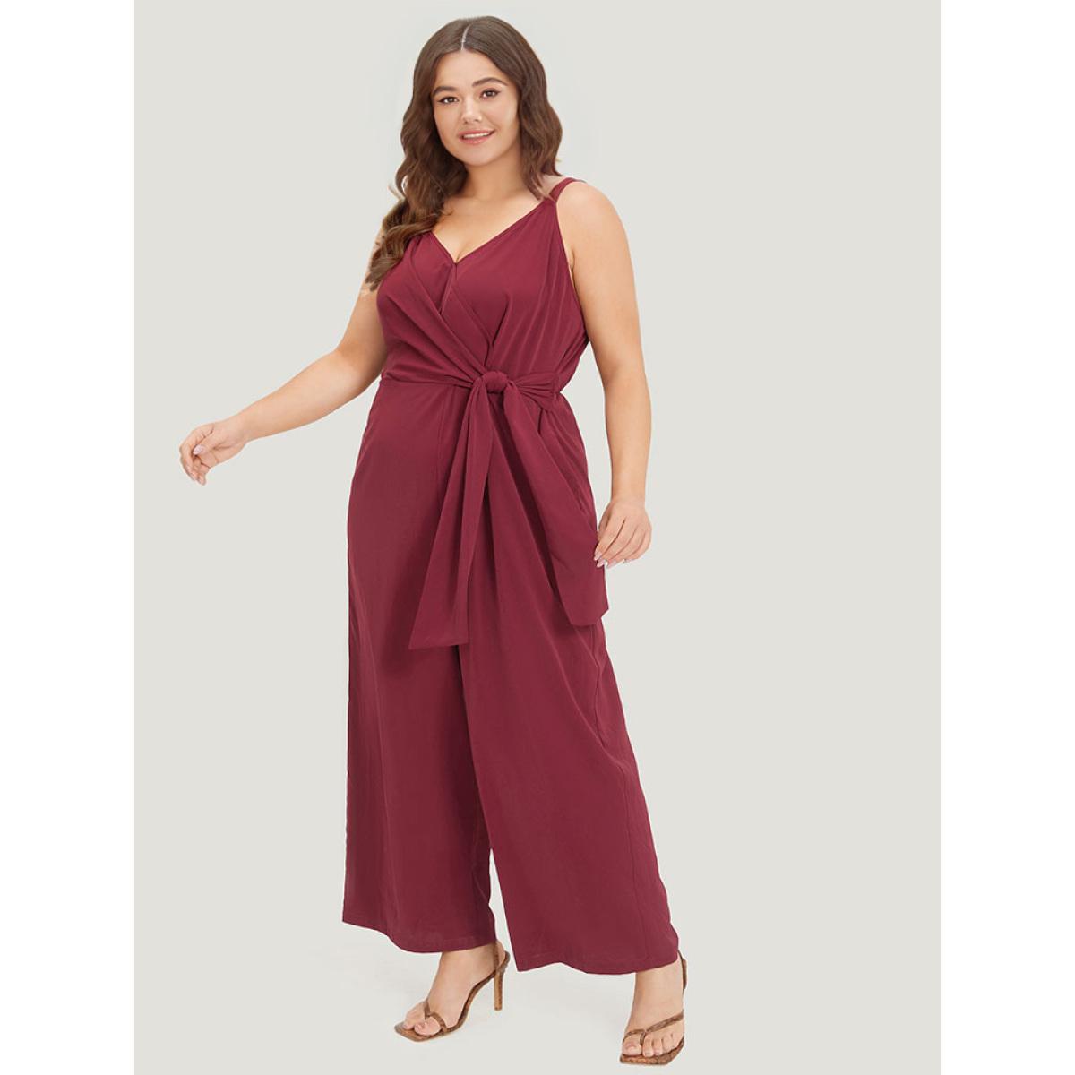Plus Size Scarlet Plain Surplice Neck Twist Front Cami Jumpsuit Women Elegant Sleeveless Spaghetti Strap Dailywear Loose Jumpsuits BloomChic 30/6X Product Image