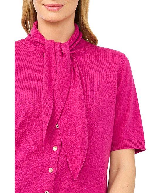 CeCe Knit Tie Neck Short Sleeve Cardigan Product Image