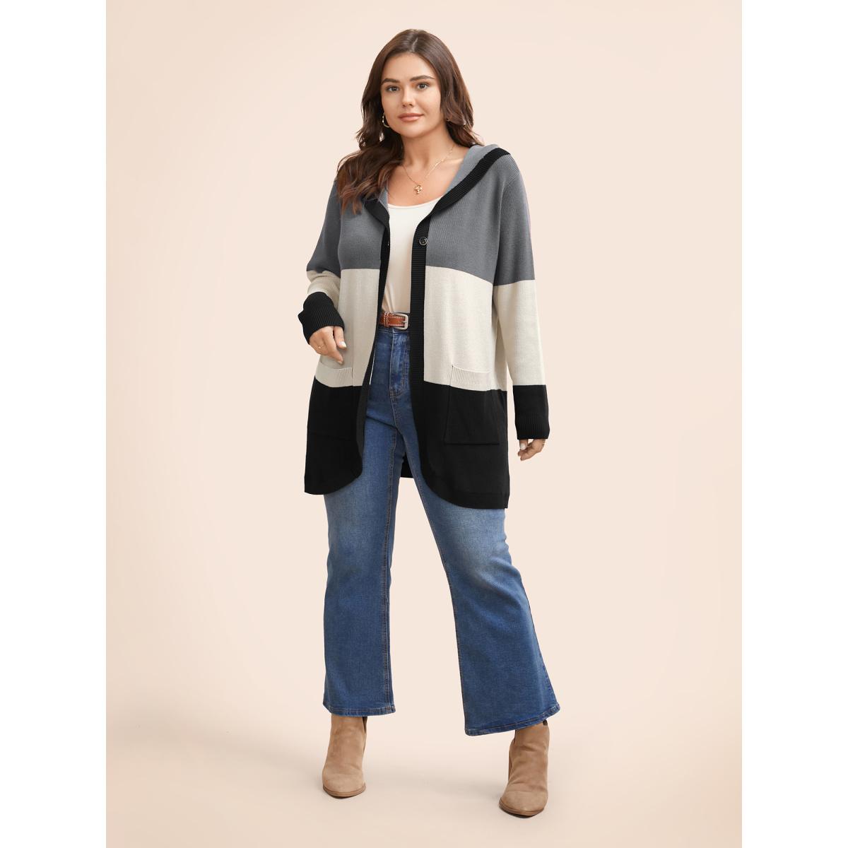Plus Size Colorblock Contrast Patched Pocket Hooded Cardigan Mediumgray Women Casual Loose Long Sleeve Everyday Cardigans BloomChic 28/5X Product Image
