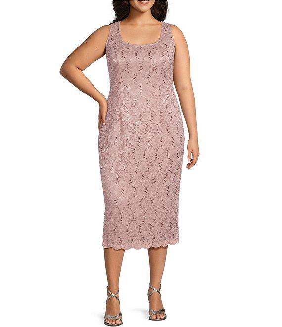 Ignite Evenings Plus Size Scalloped Sequin Lace Square Neck 3/4 Sleeve 2-Piece Jacket Dress Product Image