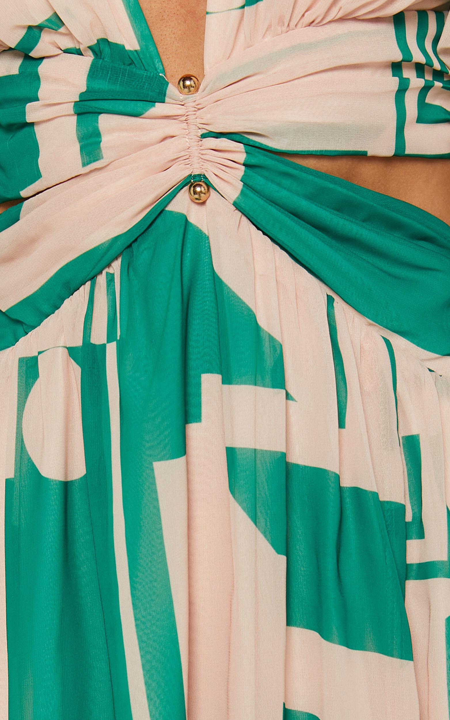 Lindey Midi Dress - Side Cut Plunge Neck Puff Sleeve Dress in Green and Cream Geo Product Image