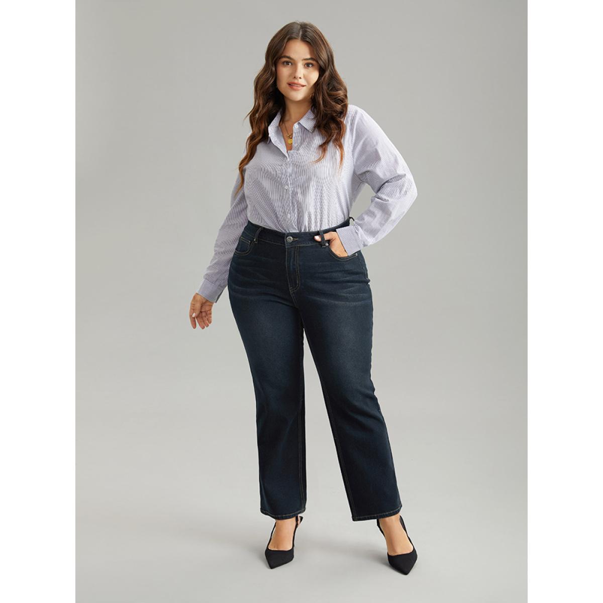 Plus Size Dark Wash Zipper Fly Straight Leg Jeans Women Midnight Casual Plain Plain High stretch Pocket Jeans BloomChic 12/L Product Image