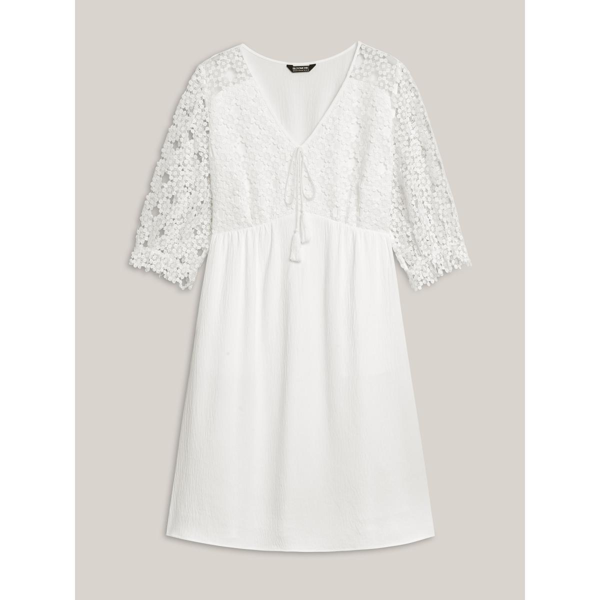 Plus Size Sheer Lace Sleeve Pockets Flowy Midi Dress Ivory Women V-neck Elbow-length sleeve Curvy BloomChic 10/M Product Image