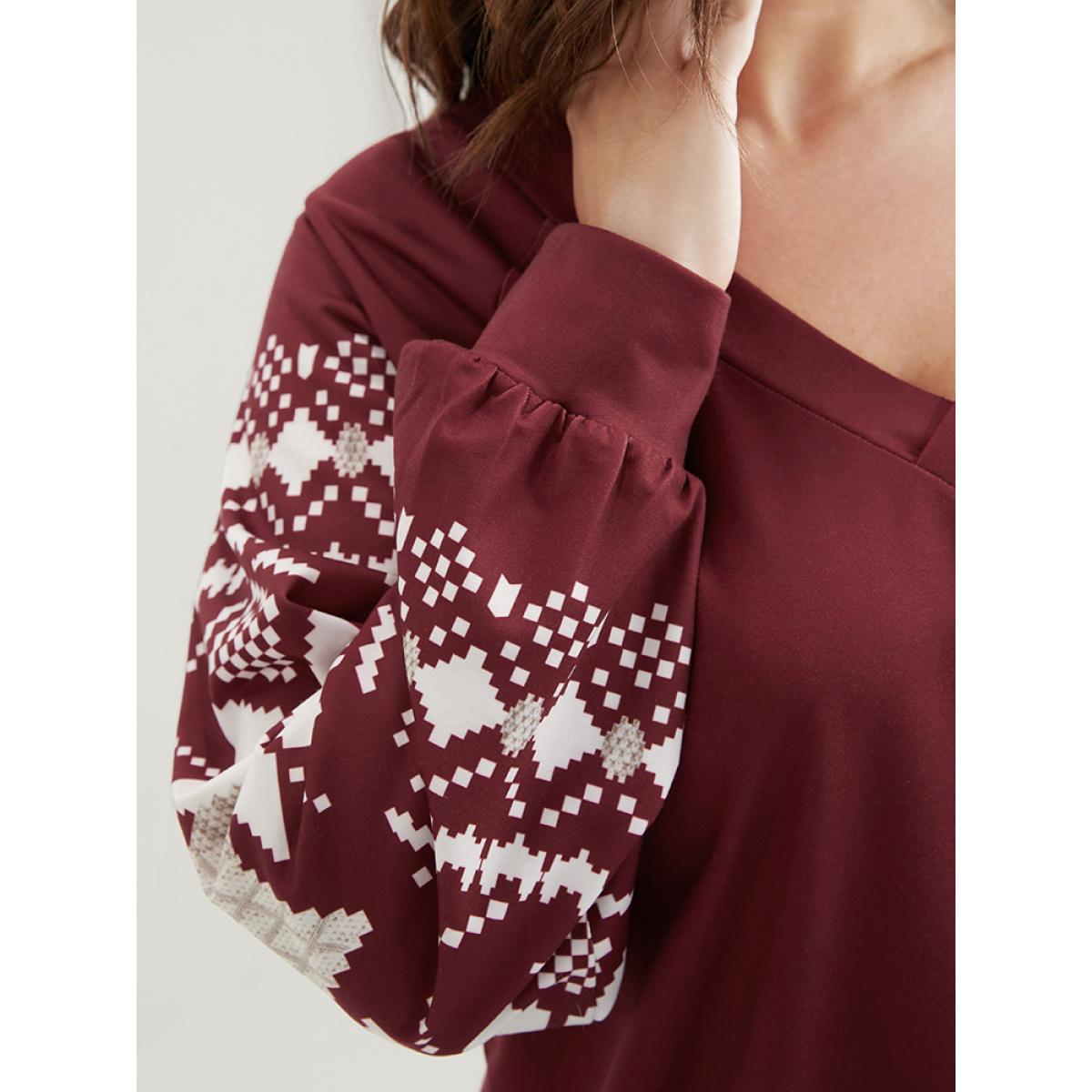 Plus Size Snowflake Print V Neck Drop Shoulder Sweatshirt Women Scarlet Casual Contrast V-neck Festival-Christmas Sweatshirts BloomChic 12/L Product Image