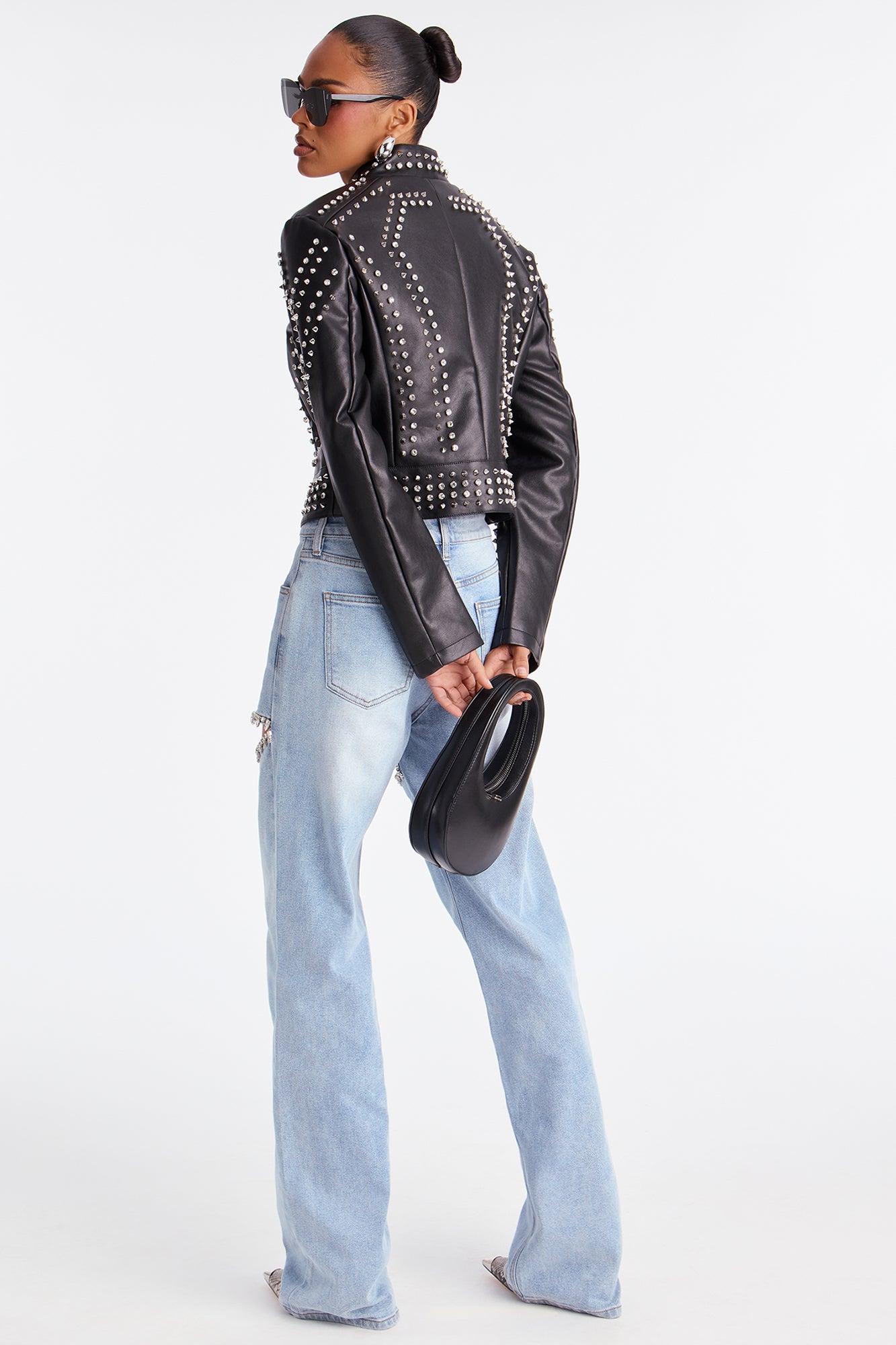 Worldwide Faux Leather Studded Moto Jacket - Black Female Product Image