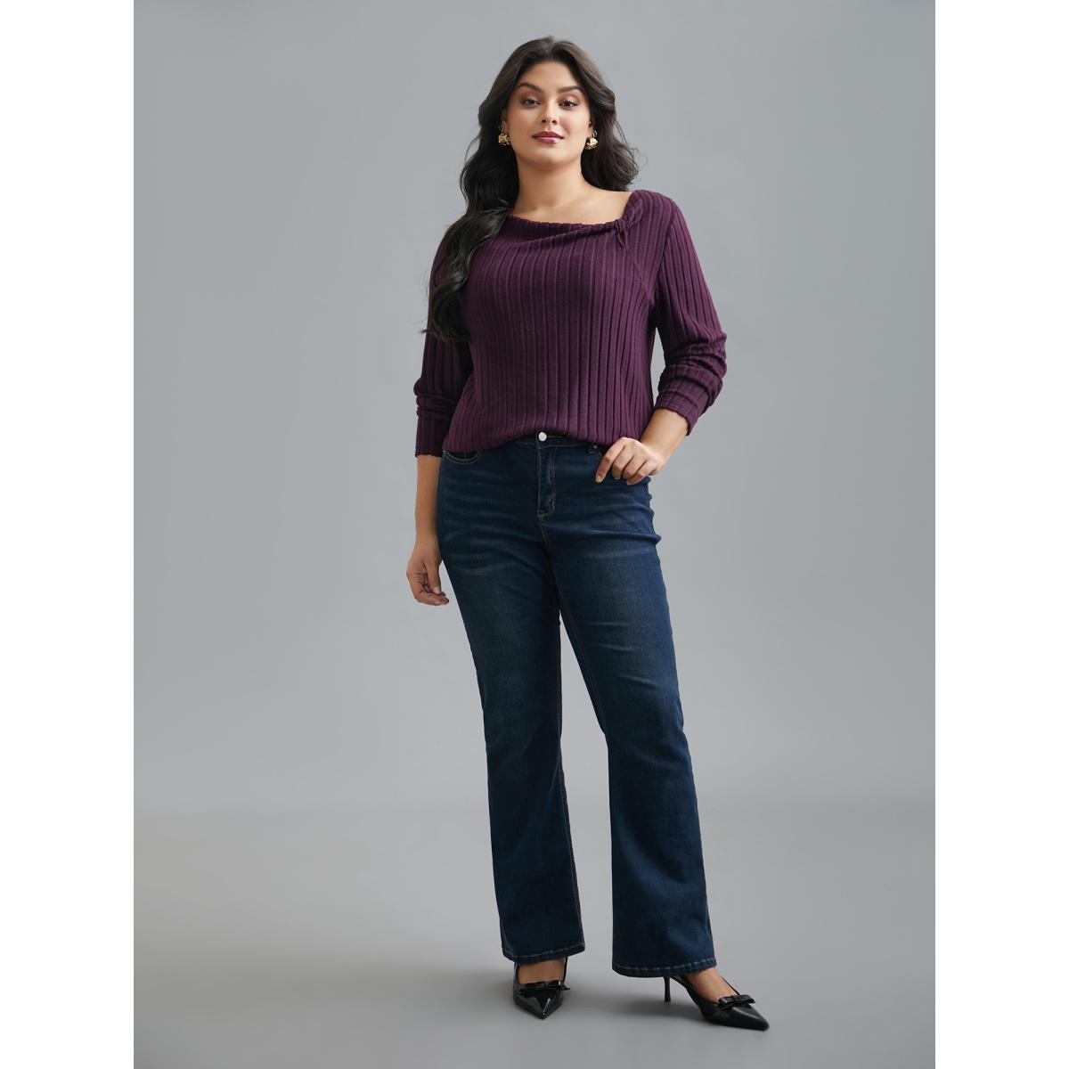 Plus Size Textured Twisted Asymmetric Neck T-Shirt Eggplant Women Elegant Twist Asymmetrical Neck Everyday T-shirts BloomChic 28/5X Product Image