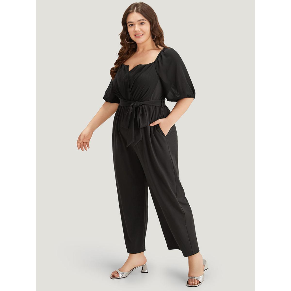 Plus Size Black Plain Square Neck Pocket Belted Zipper Jumpsuit Women Elegant Short sleeve Square Neck Dailywear Loose Jumpsuits BloomChic 10/M Product Image