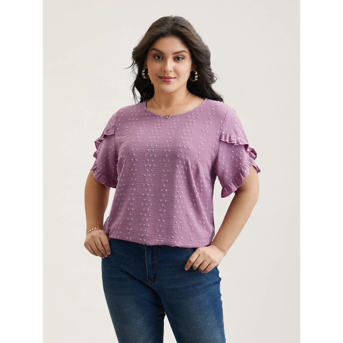 Plus Size Mauve Textured Round Neck Ruffled Sleeve Shirt Women Elegant Short sleeve Round Neck Everyday Blouses BloomChic 26/4X Product Image
