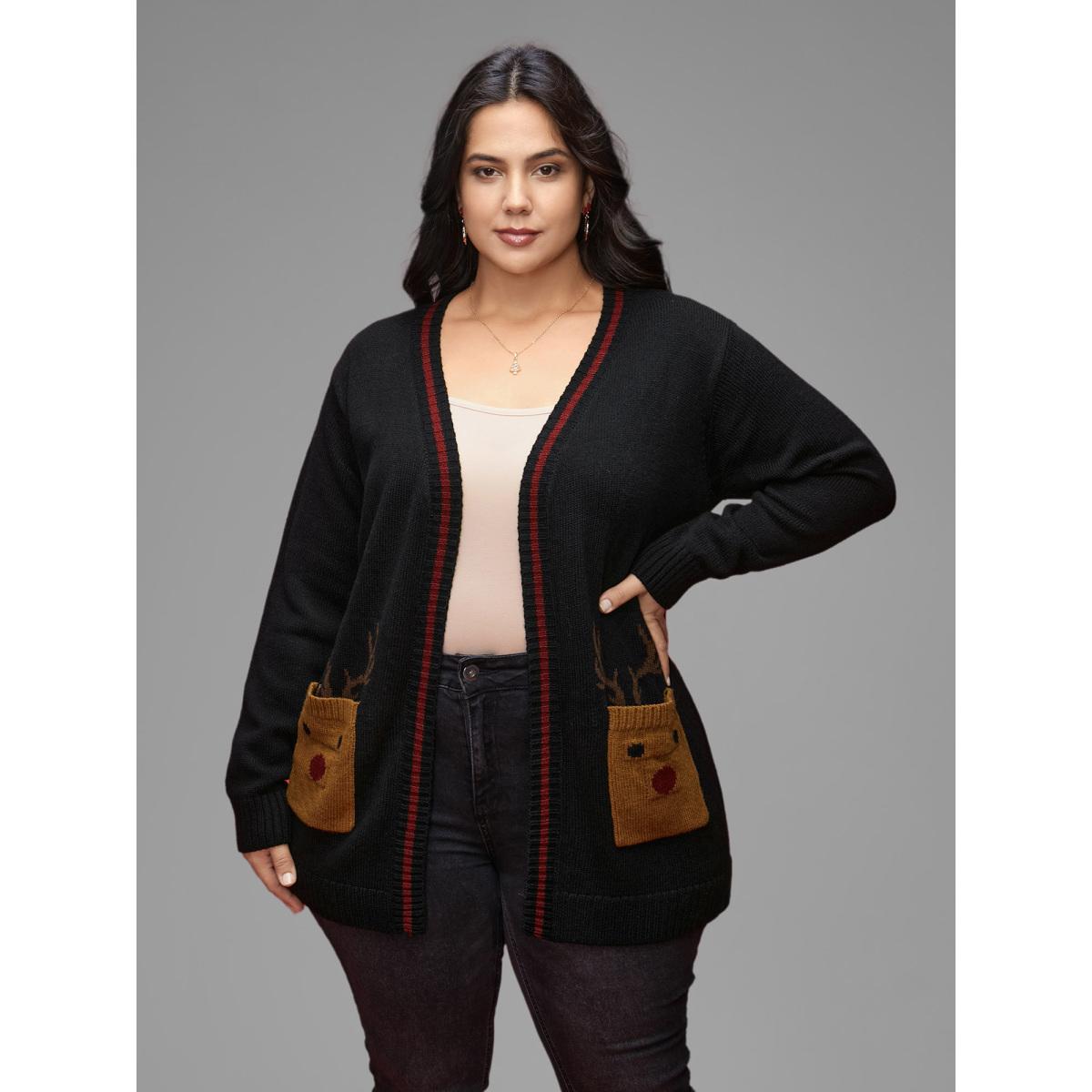 Plus Size Reindeer Pockets Contrast Placket Open Cardigan Black Women Casual Loose Long Sleeve Everyday Cardigans BloomChic 10/M Product Image