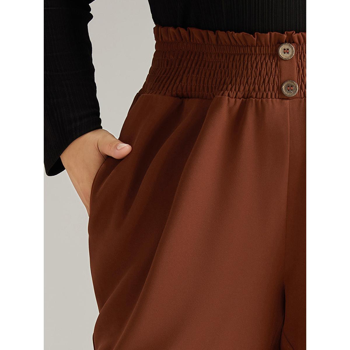Plus Size Paperbag Waist Button Detail Shirred Pants Women Rust Office Wide Leg High Rise Work Pants BloomChic 10/M Product Image