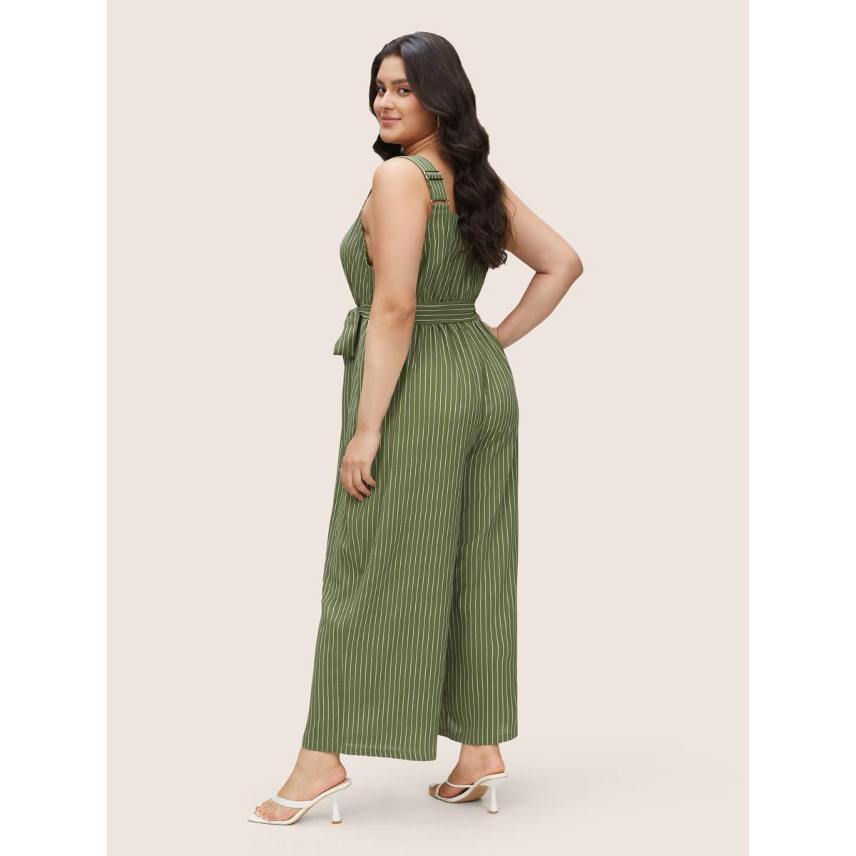 Plus Size Moss Striped Belted Elastic Waist Adjustable Straps Jumpsuit Women Casual Sleeveless Non Everyday Loose Jumpsuits BloomChic 28/5X Product Image