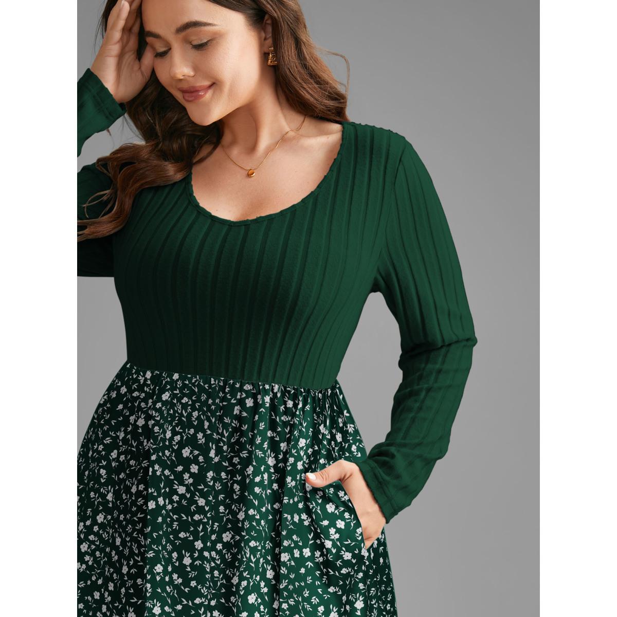 Plus Size Ditsy Floral Patchwork Texture Midi Dress Indigo Women Elegant Texture V-neck Long Sleeve Curvy BloomChic 22-24/3X Product Image