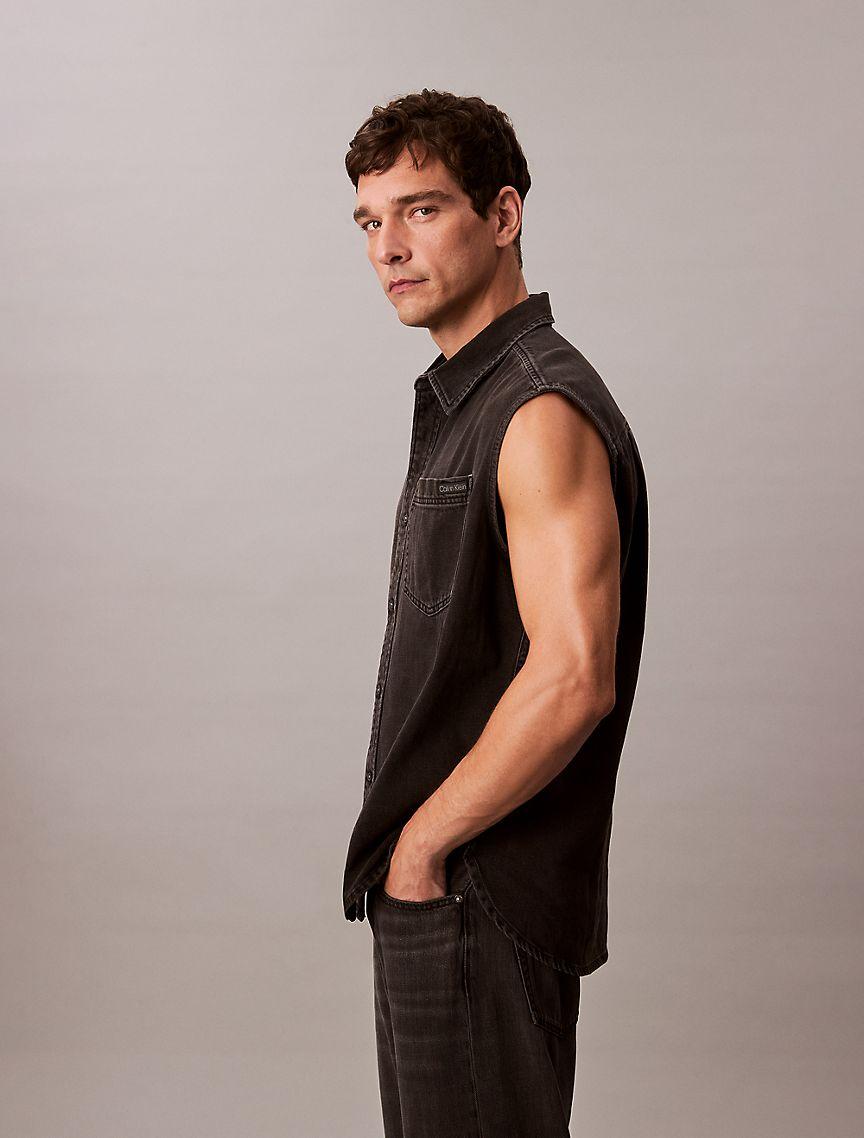 Denim Sleeveless Button-Down Shirt  Product Image