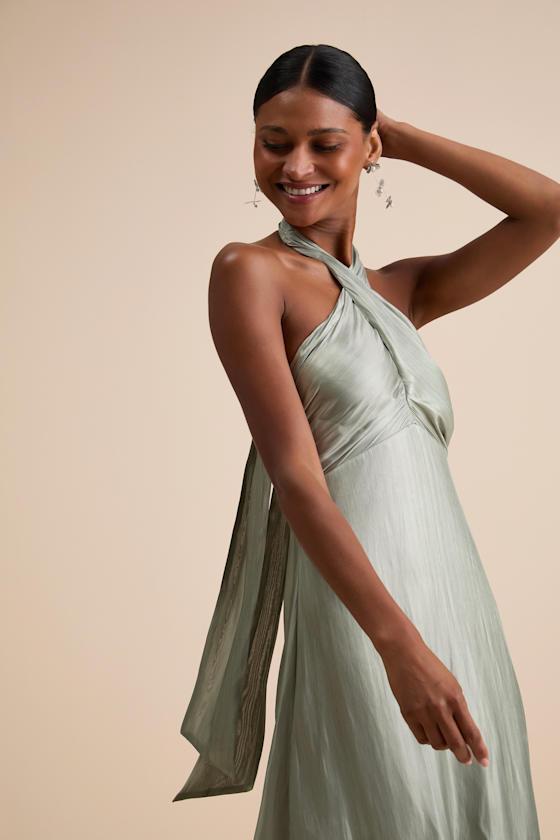 Canley Sage Satin Cross-Front Halter Maxi Dress Product Image
