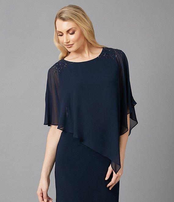 Ignite Evenings Chiffon Asymmetric Overlay 3/4 Sleeve Beaded Shoulder Detail Round Neck Sheath Dress Product Image