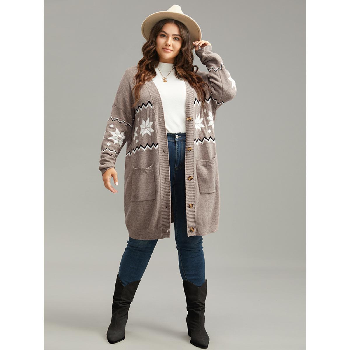 Plus Size Supersoft Essentials Geometric Button Through Cardigan LightBrown Women Casual Loose Long Sleeve Dailywear Cardigans BloomChic 18-20/2X Product Image
