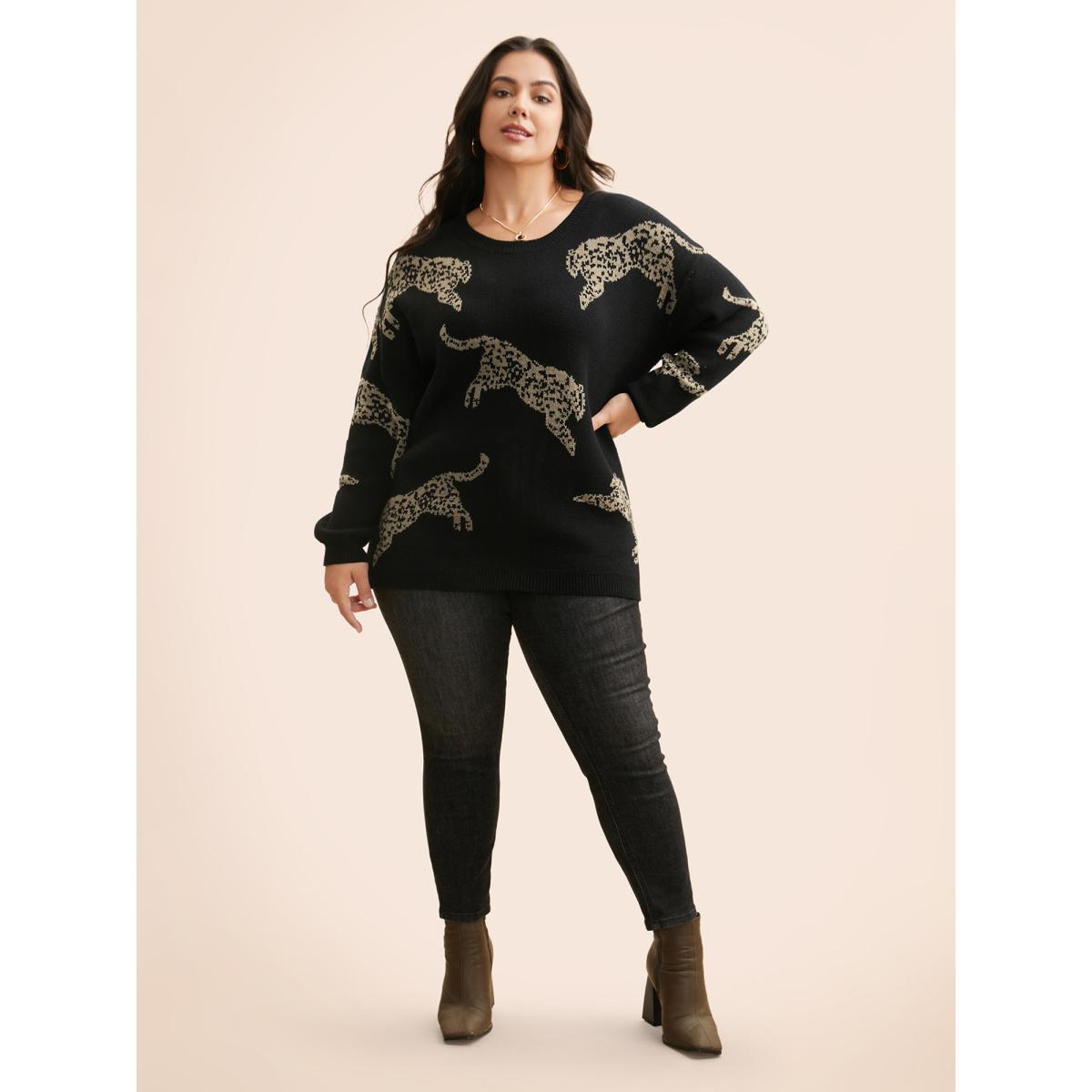 Plus Size Animal Jacquard Drop Shoulder Sleeve Pullover Black Women Casual Long Sleeve Round Neck Everyday Pullovers BloomChic 14-16/1X Product Image