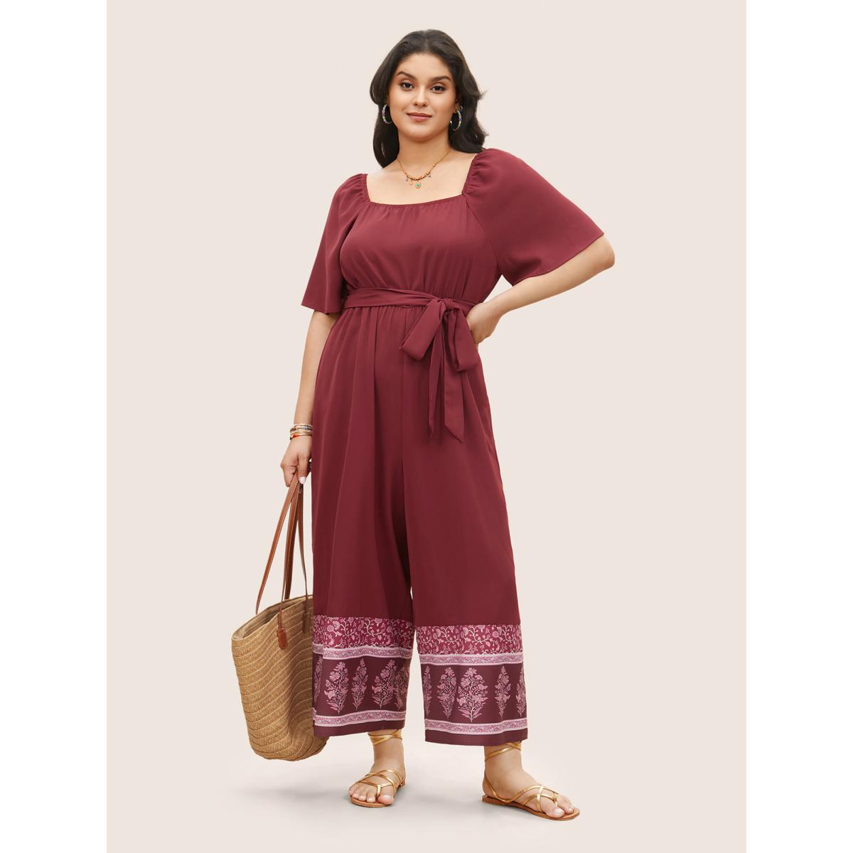 Plus Size Burgundy Bandana Print Gathered Belted Square Neck Jumpsuit Women Resort Short sleeve Square Neck Vacation Loose Jumpsuits BloomChic 28/5X Product Image