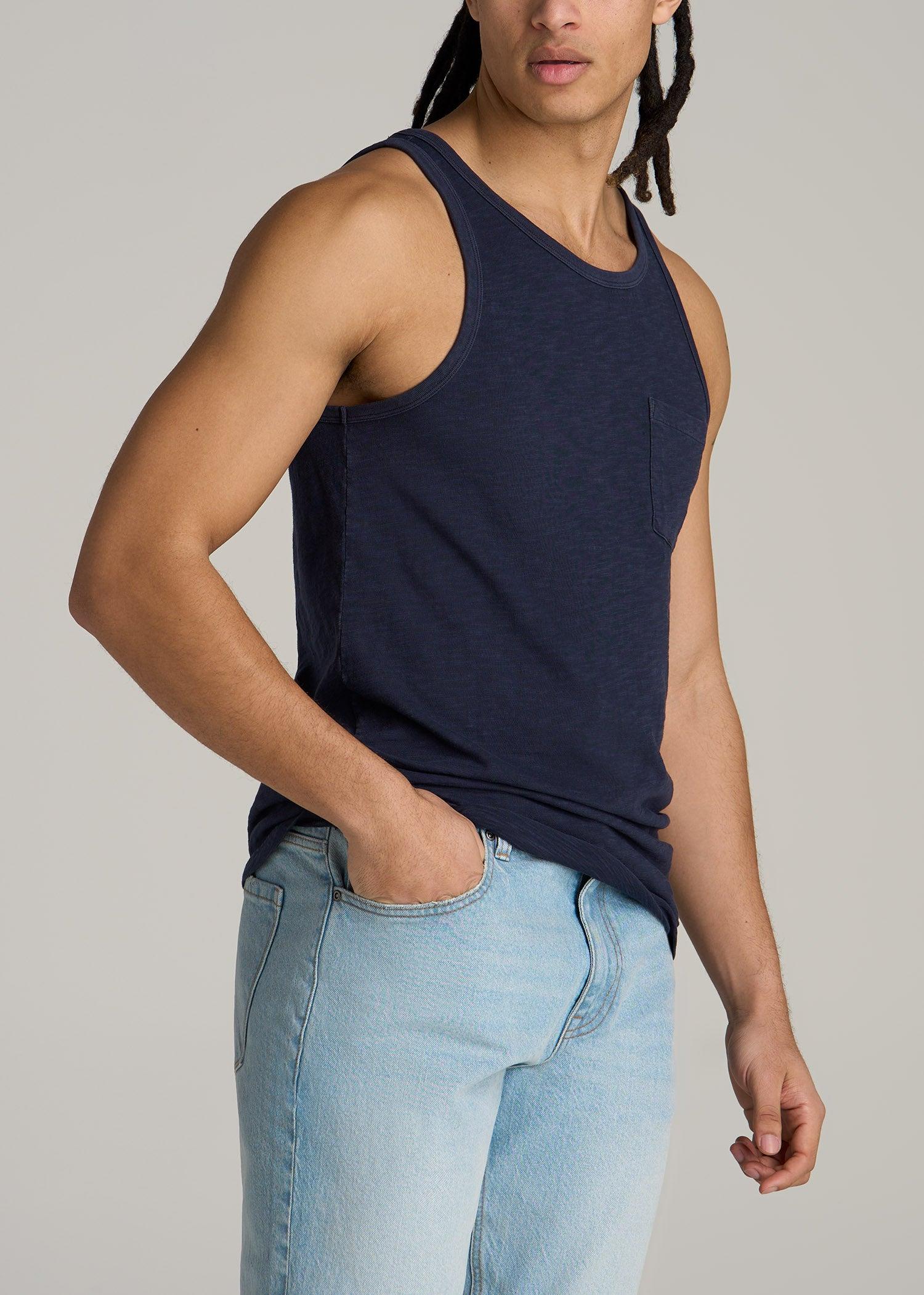 Garment Dyed Slub Pocket Tank Top for Tall Men in Evening Blue Male Product Image