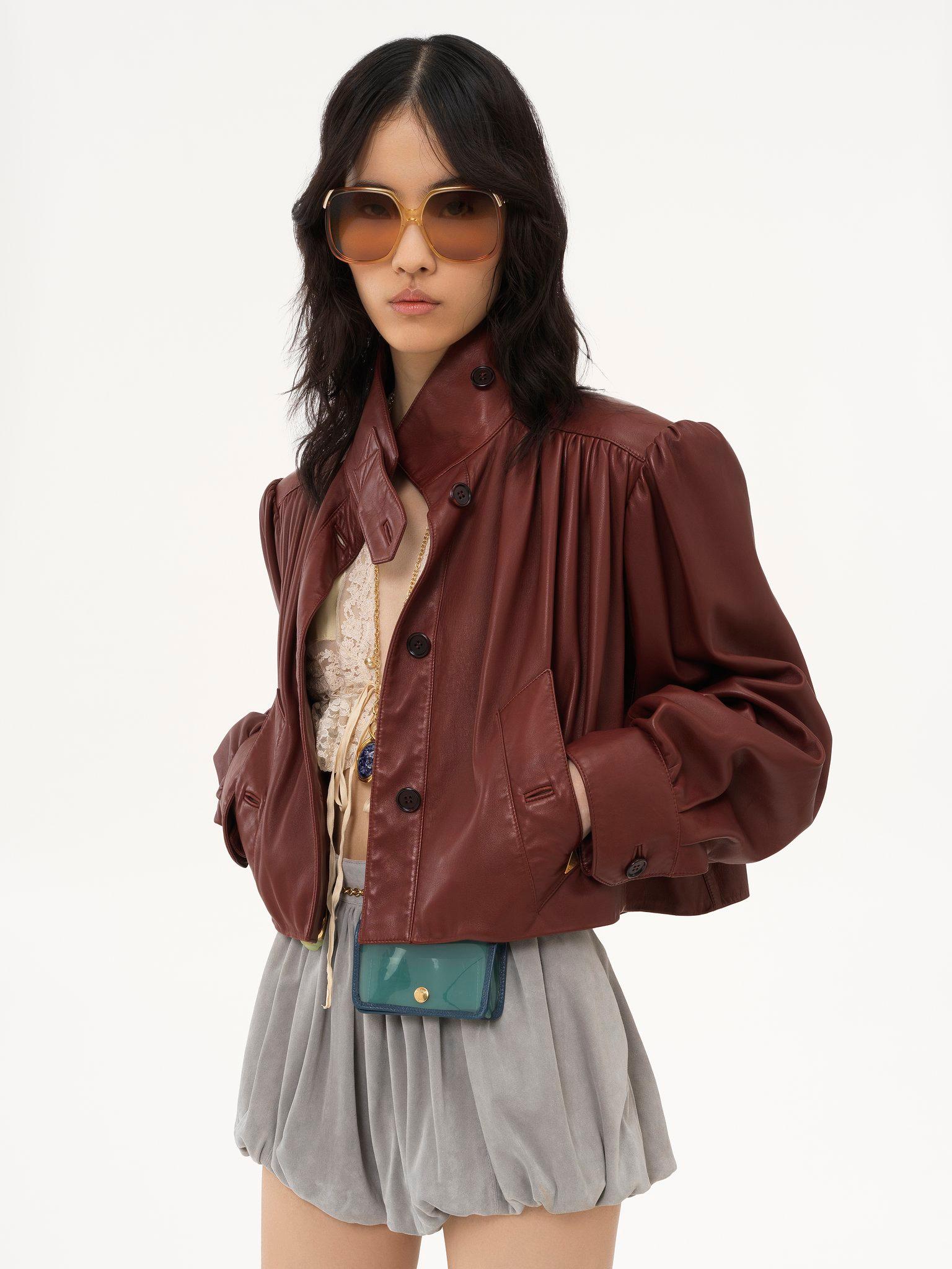 Gathered boule jacket in leather Product Image