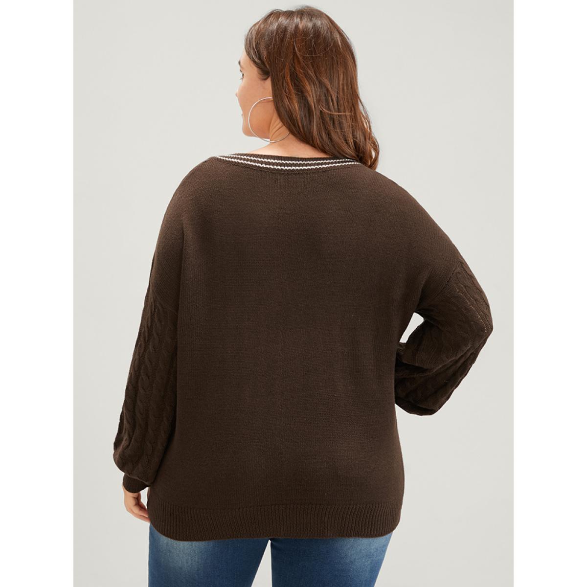 Plus Size Contrast Trim Pointelle Knit V Neck Lantern Sleeve Knit Top DarkBrown Women Elegant Long Sleeve V-neck Dailywear Pullovers BloomChic 12/L Product Image