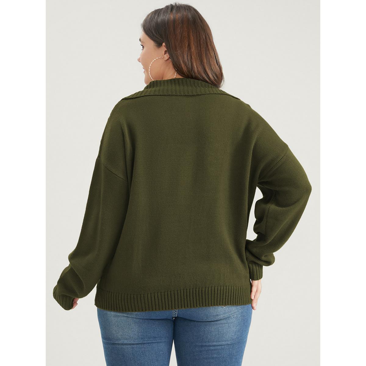 Plus Size Solid Pointelle Knit Button Lapel Collar Cable Knit Top DarkGreen Women Elegant Long Sleeve Lapel Collar Dailywear Pullovers BloomChic 10/M Product Image