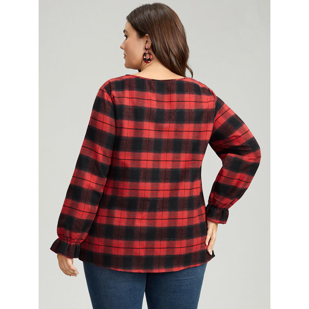 Plus Size Scarlet Plaid V Neck Lantern Sleeve Ruffles Blouse Women Elegant Long Sleeve V-neck Festival-Christmas Blouses BloomChic 14-16/1X Product Image