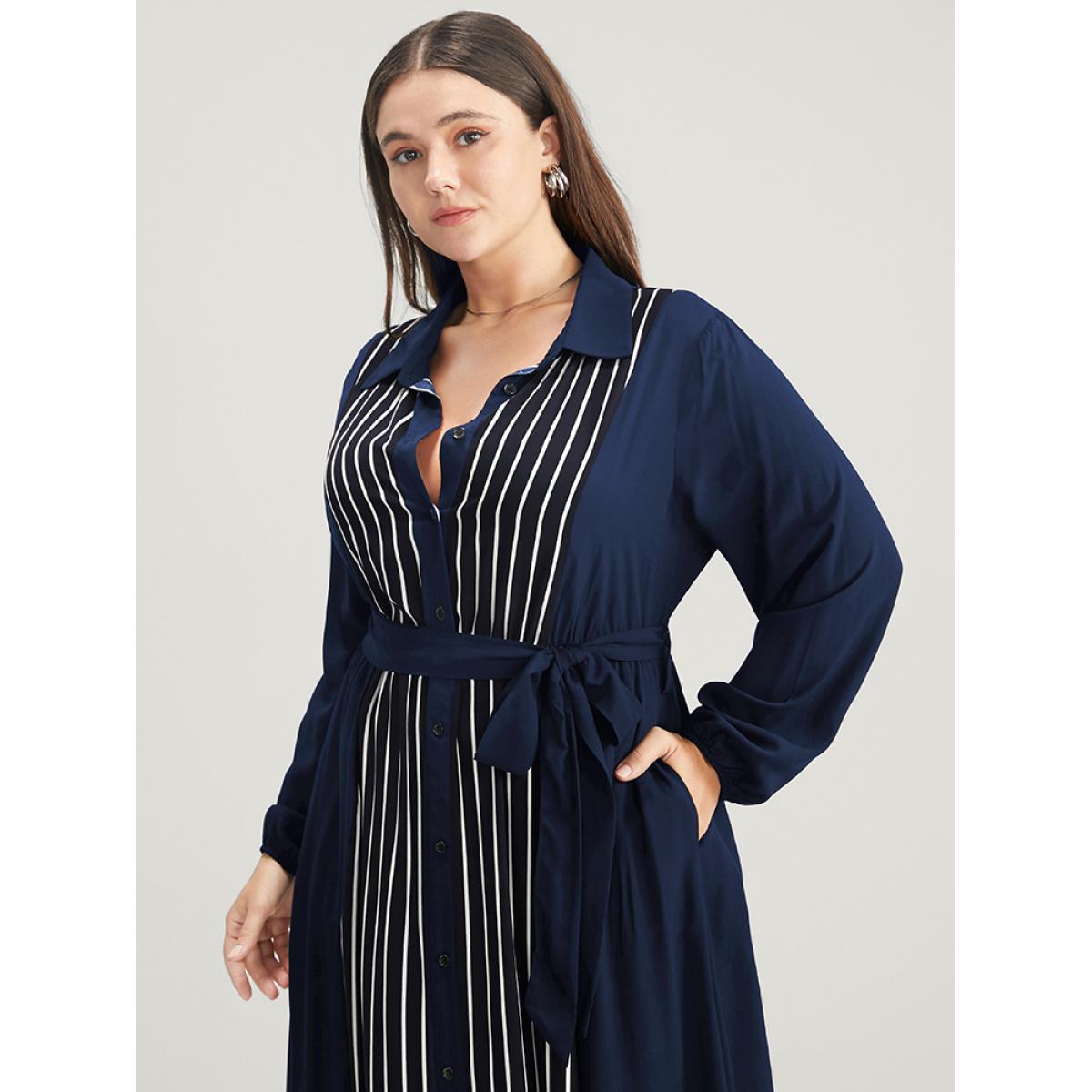 Plus Size Striped Contrast Pocket Button Detail Belted Dress Navy Women Office Pocket Shirt collar Long Sleeve Curvy Long Dress BloomChic 28/5X Product Image