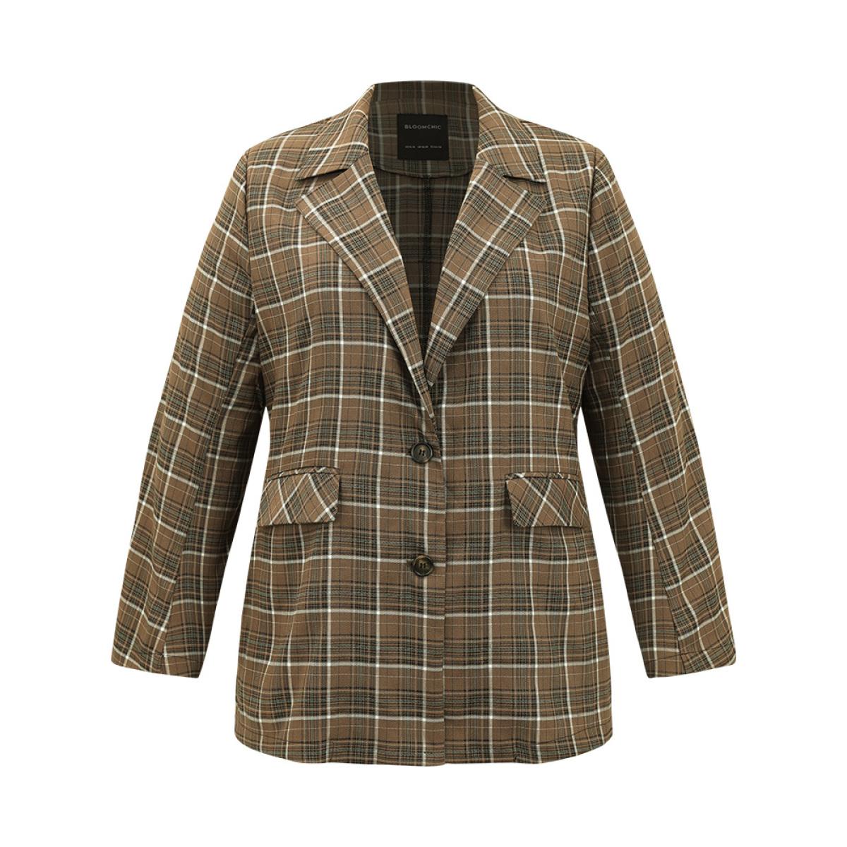 Plus Size Plaid Flap Pocket Button Through Blazer Bronze Women Office Plaid Contrast Sleeve Long Sleeve Lapel Collar 22-24/3X Pocket Office Blazers BloomChic Product Image