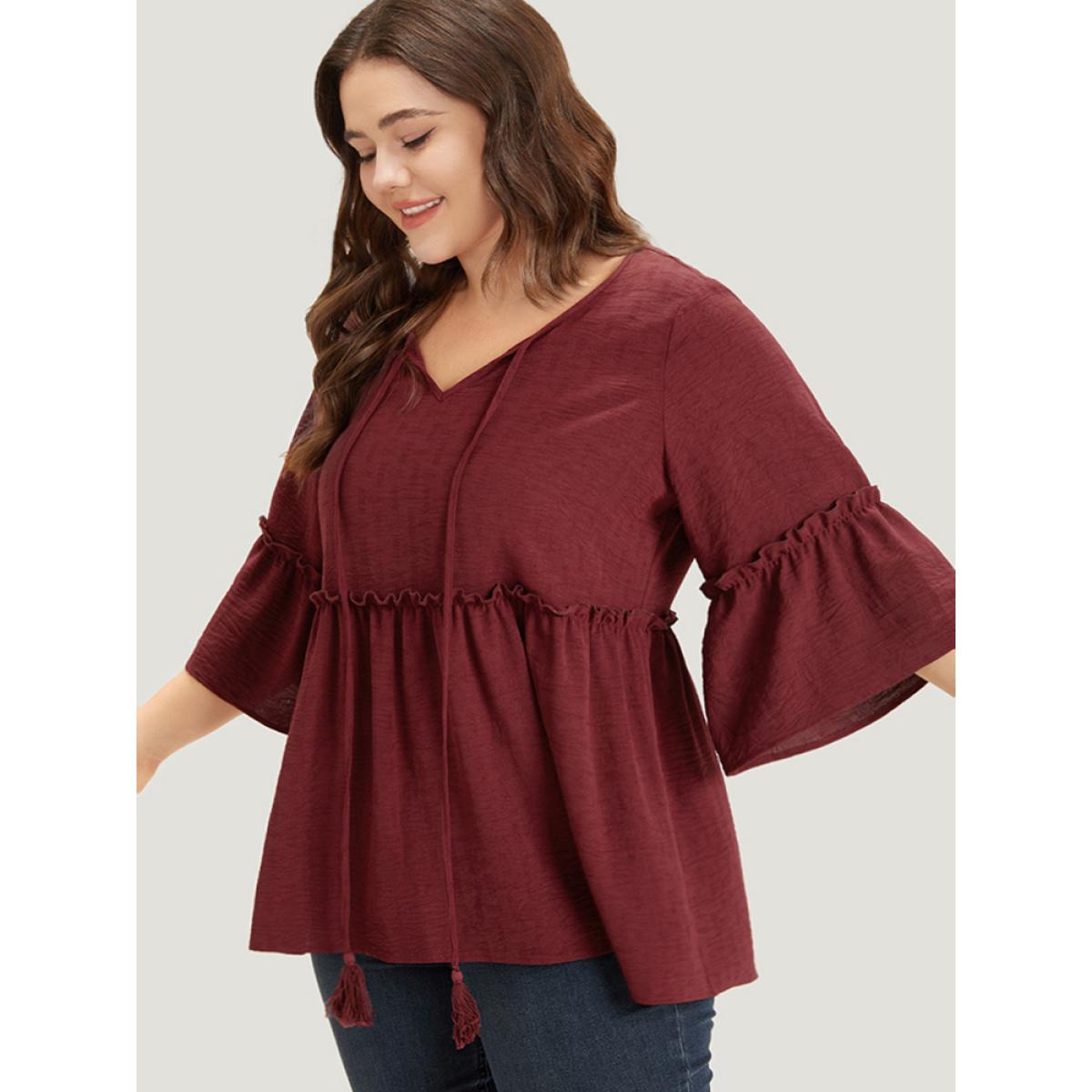 Plus Size Scarlet Plain V Neck Frill Trim Tassel Bell Hem Blouse Women Vacation Elbow-length sleeve V-neck Dailywear Blouses BloomChic 22-24/3X Product Image