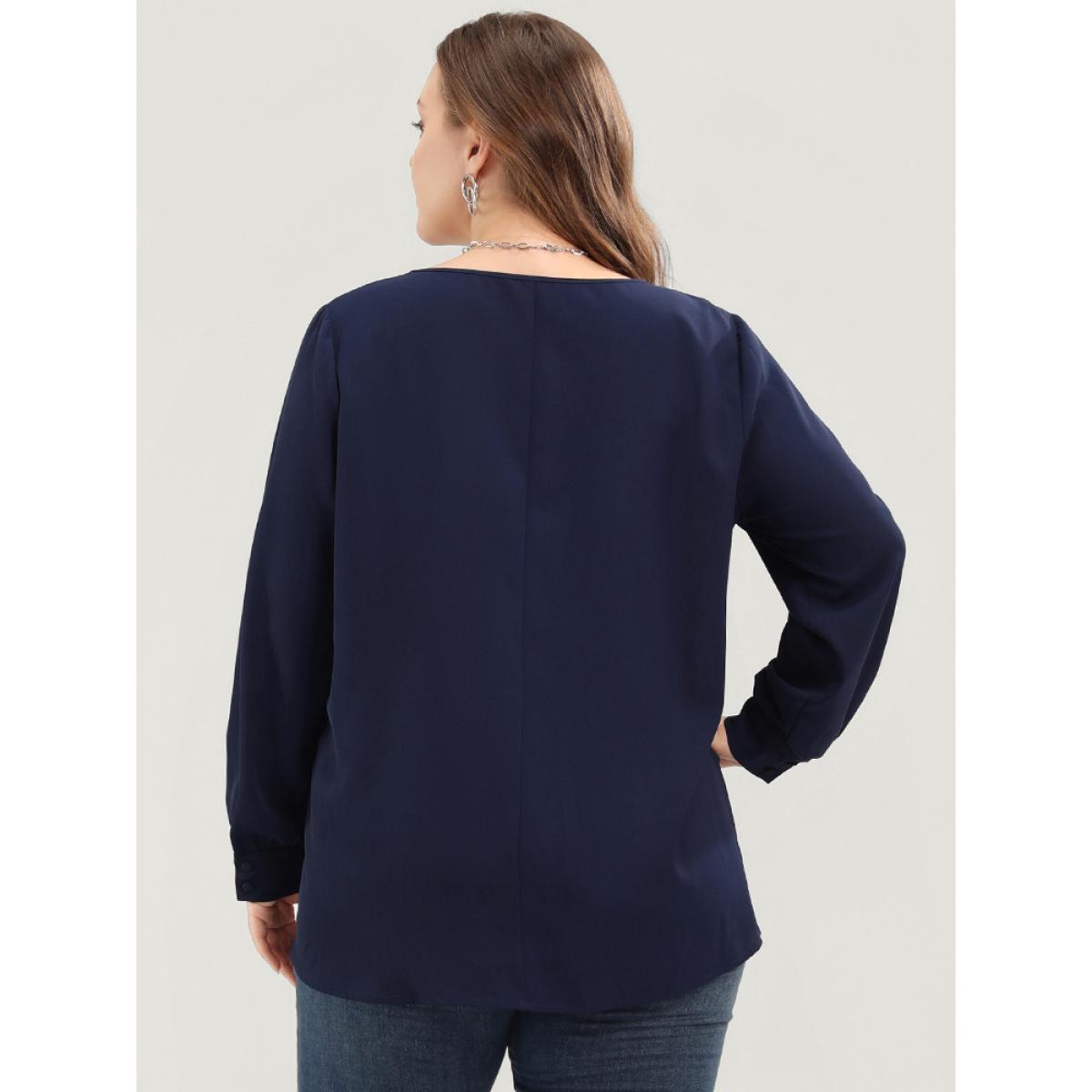 Plus Size Indigo Solid Button Detail Gathered V Neck Blouse Women Elegant Long Sleeve V-neck Dailywear Blouses BloomChic 12/L Product Image