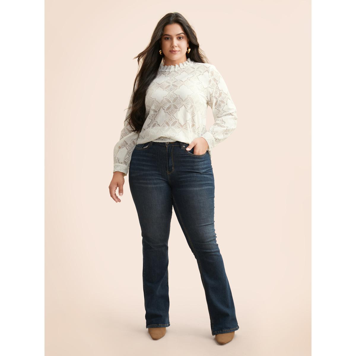 Plus Size Ivory Lace Panel Mesh Stand Collar Blouse Women Elegant Long Sleeve Stand-up collar Everyday Blouses BloomChic 14-16/1X Product Image