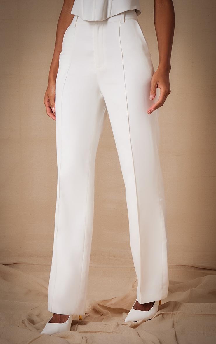 Premium White Woven Pintuck Straight Leg Pants Product Image