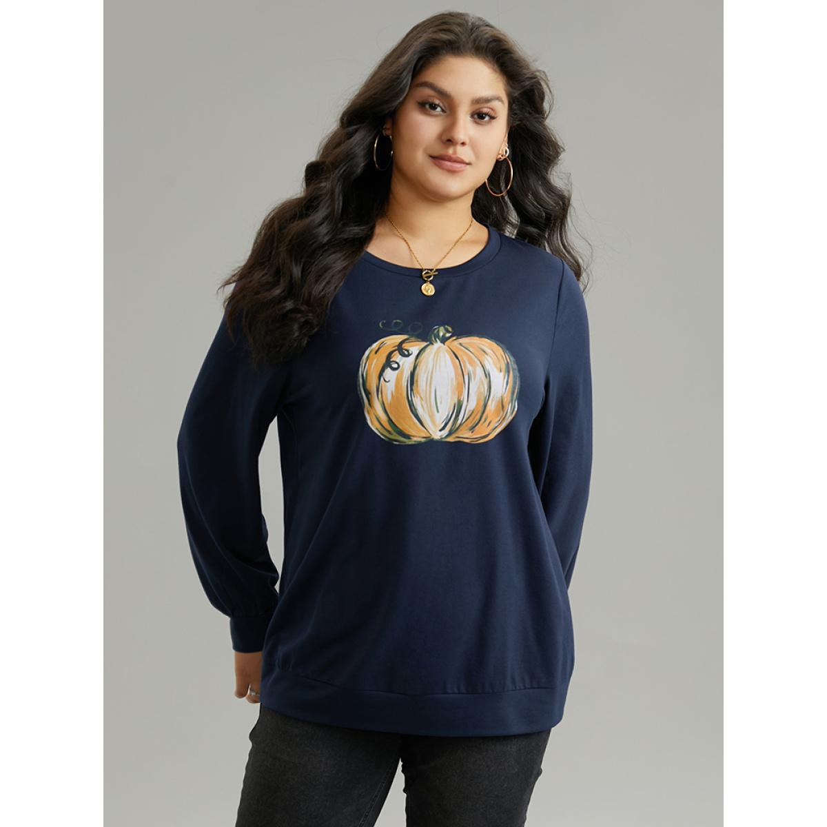 Plus Size Round Neck Pumpkin Print Sweatshirt Women Indigo Casual Printed Dailywear Sweatshirts BloomChic 12/L Product Image