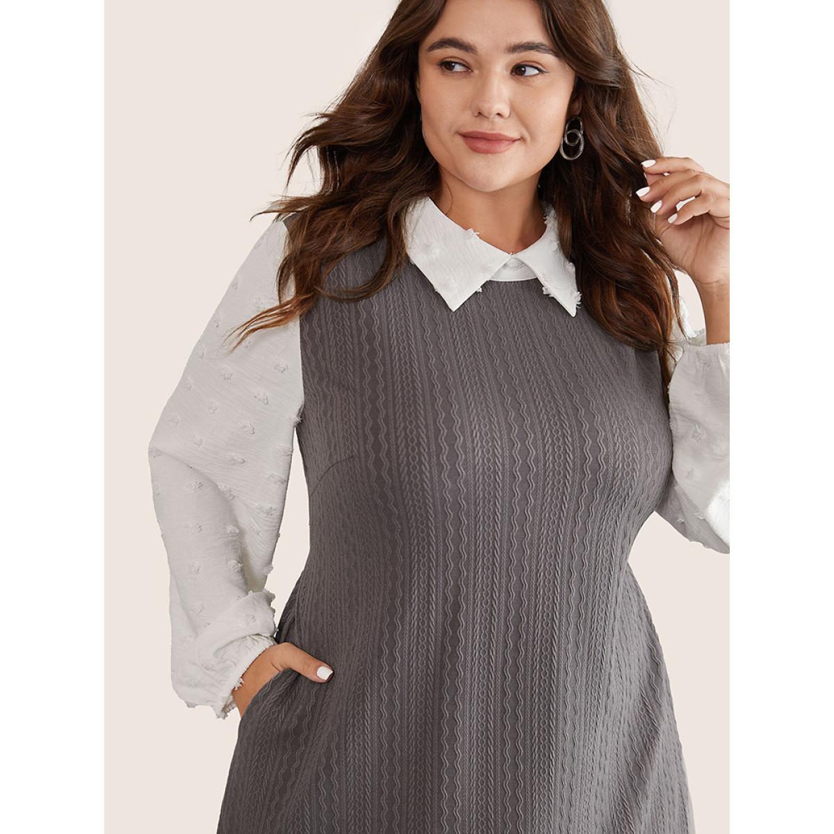 Plus Size Peter Pan Collar Contrast Textured Patchwork Dress Gray Women Office Elastic cuffs Peter Pan Collar Long Sleeve Curvy Midi Dress BloomChic 18-20/2X Product Image