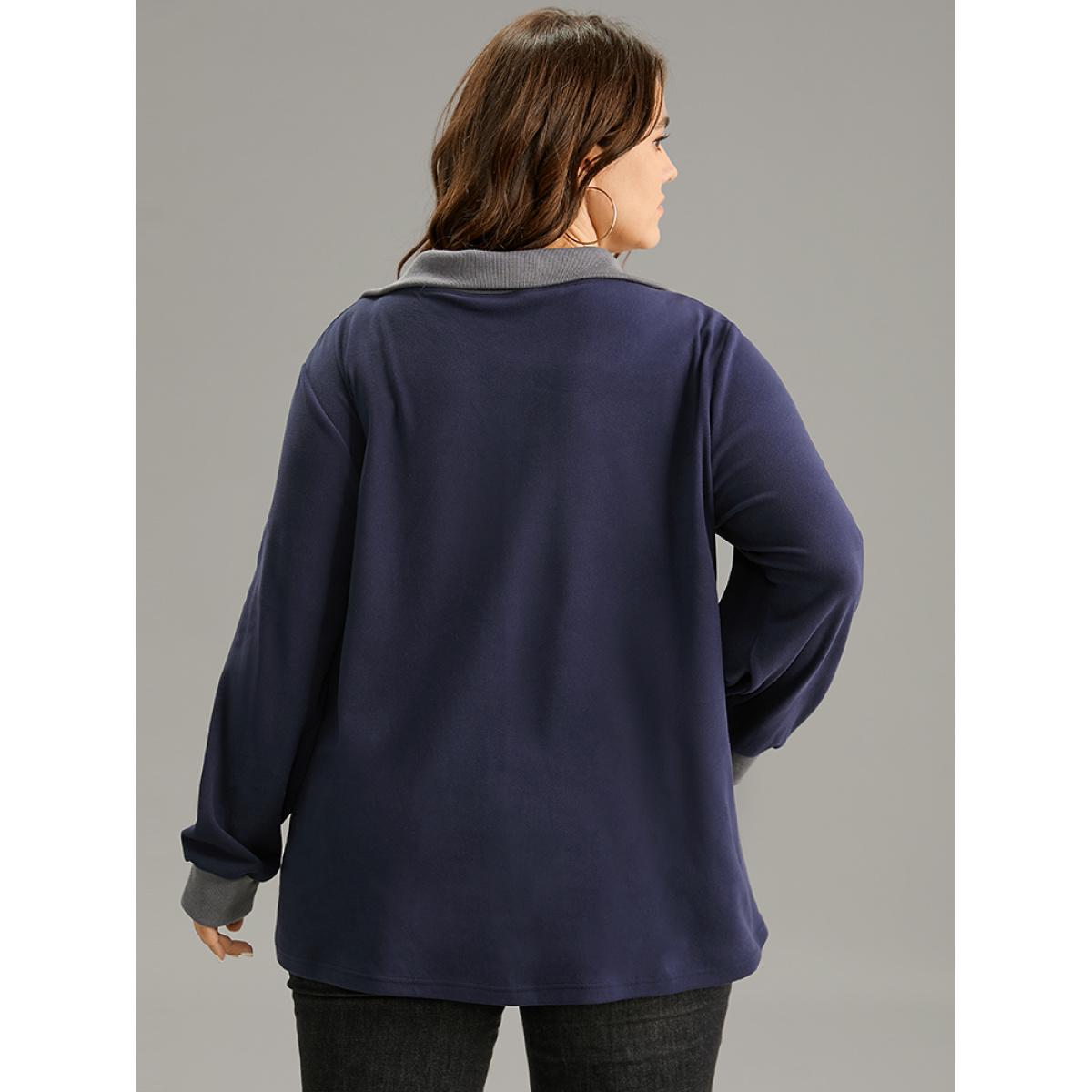 Plus Size Two Tone Contrast Lapel Collar Sweatshirt Women Navy Casual Contrast Lapel Collar Dailywear Sweatshirts BloomChic 14-16/1X Product Image
