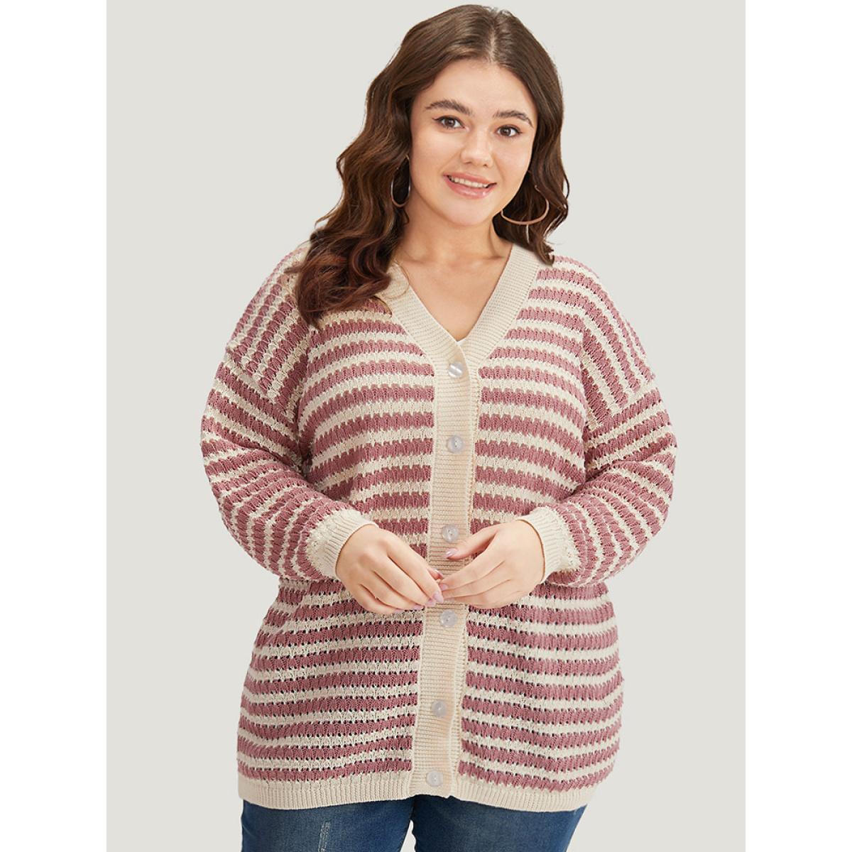 Plus Size Striped Button Through Cut Out Cardigan DustyPink Women Casual Loose Long Sleeve Dailywear Cardigans BloomChic 14-16/1X Product Image