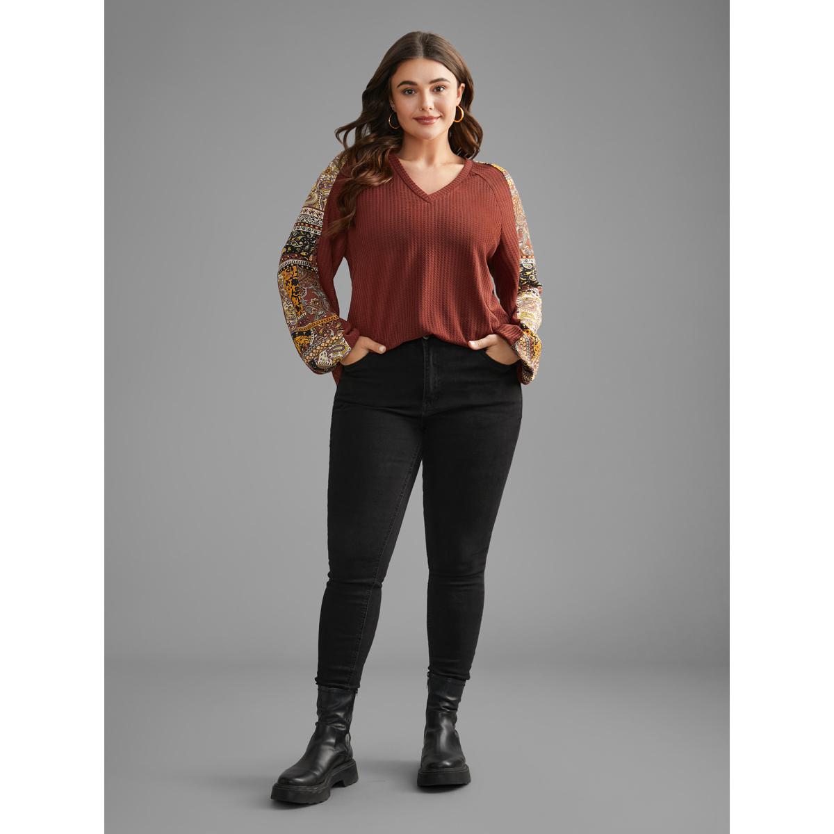 Plus Size Bandana Patchwork Waffle Knit T-shirt Maroon Women Casual Texture V-neck Loose Everyday T-shirts BloomChic 12/L Product Image