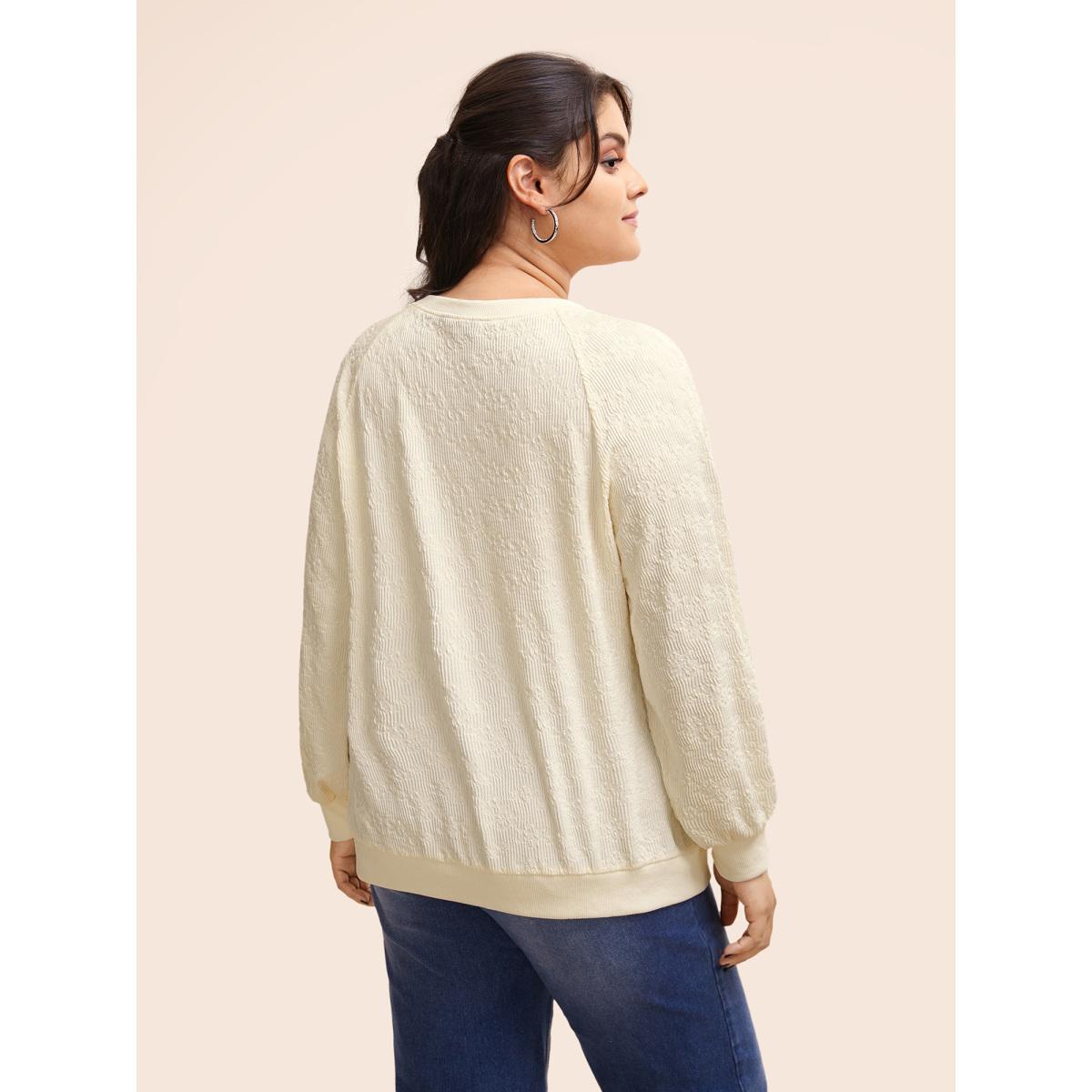 Plus Size Crew Neck Plain Textured Raglan Sleeve Sweatshirt Women Beige Elegant Texture Round Neck Everyday Sweatshirts BloomChic 22-24/3X Product Image