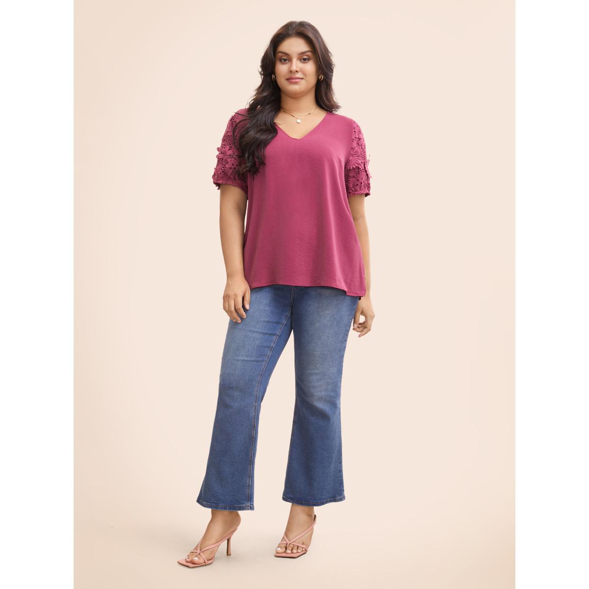 Plus Size RedViolet V Neck Lace Panel Slit Hem Blouse Women Elegant Long Sleeve V-neck Everyday Blouses BloomChic 12/L Product Image