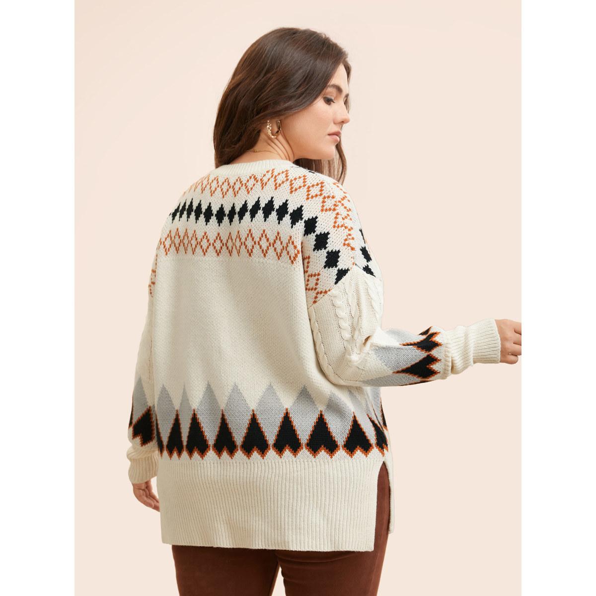 Plus Size Fair Isle Crew Neck Split Hem Pullover Beige Women Leisure Long Sleeve Round Neck Casual Pullovers BloomChic 28/5X Product Image