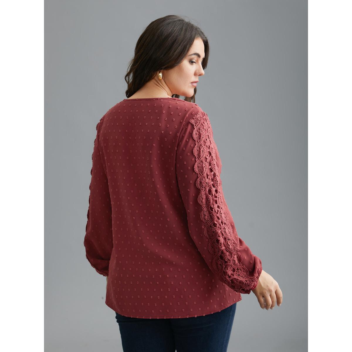 Plus Size Russet Lace Trim V-Neck Textured Blouse Women Elegant Long Sleeve V-neck Everyday Blouses BloomChic 18-20/2X Product Image