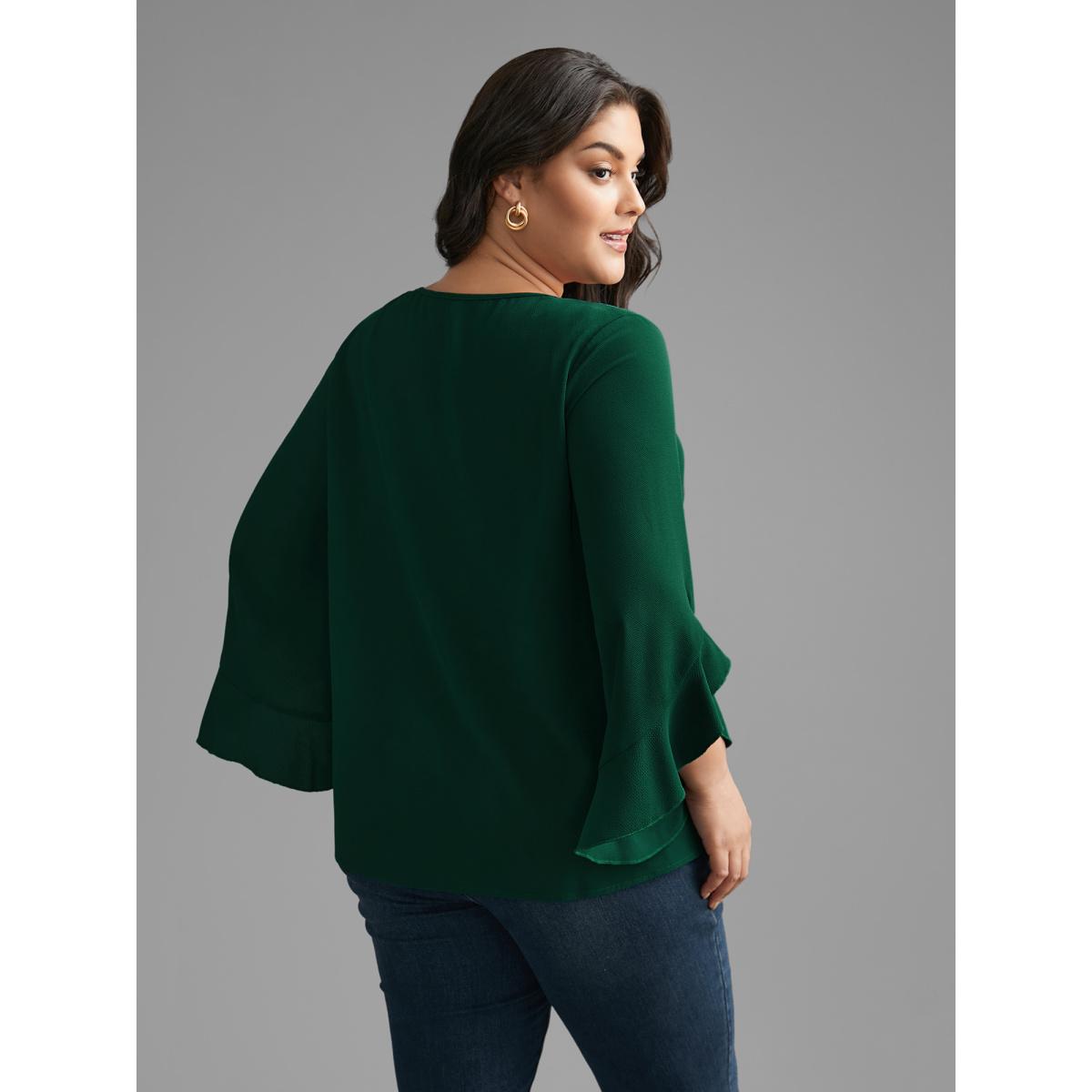 Plus Size Emerald Solid Keyhole Ruffle Sleeve Blouse Women Elegant Extra Long Sleeve Round Neck Everyday Blouses BloomChic 12/L Product Image