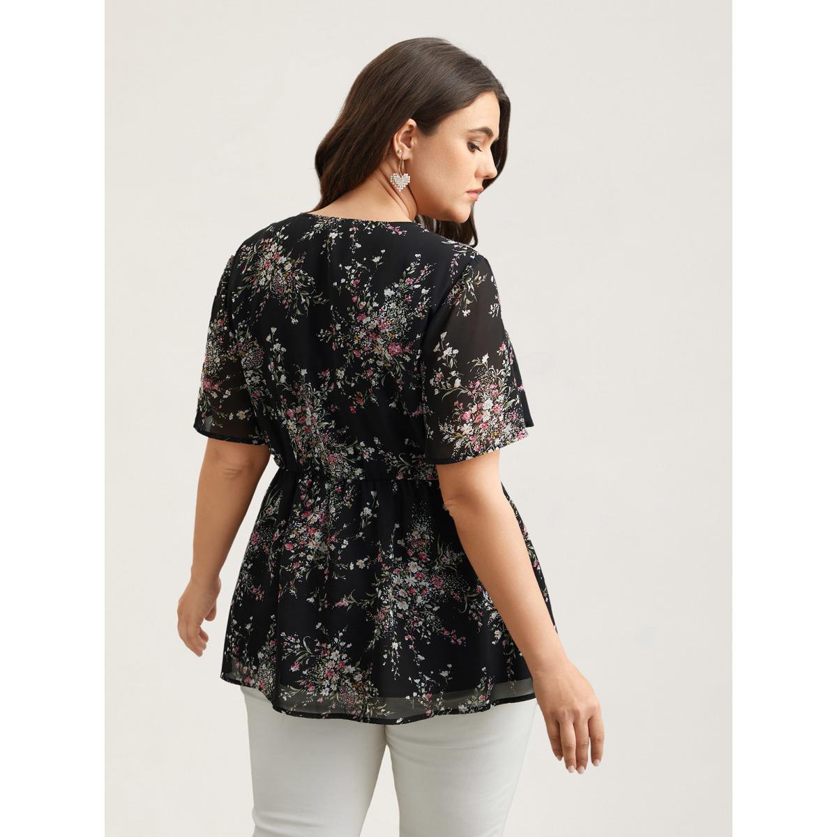 Plus Size Black Floral Print Stretchy-Waist Lined Shirt Women Elegant Short sleeve Round Neck Everyday Blouses BloomChic 12/L Product Image