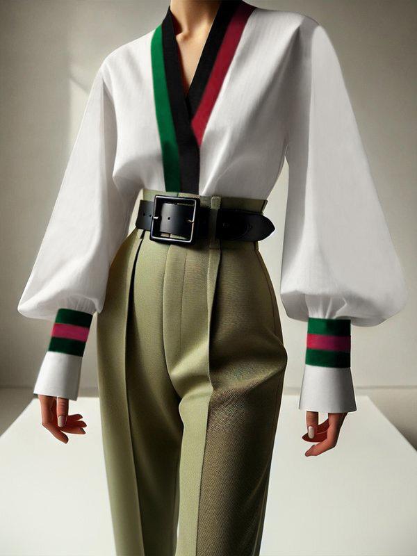 Long Sleeves Loose Contrast Color Pleated V-Neck Blouses&Shirts Tops Product Image