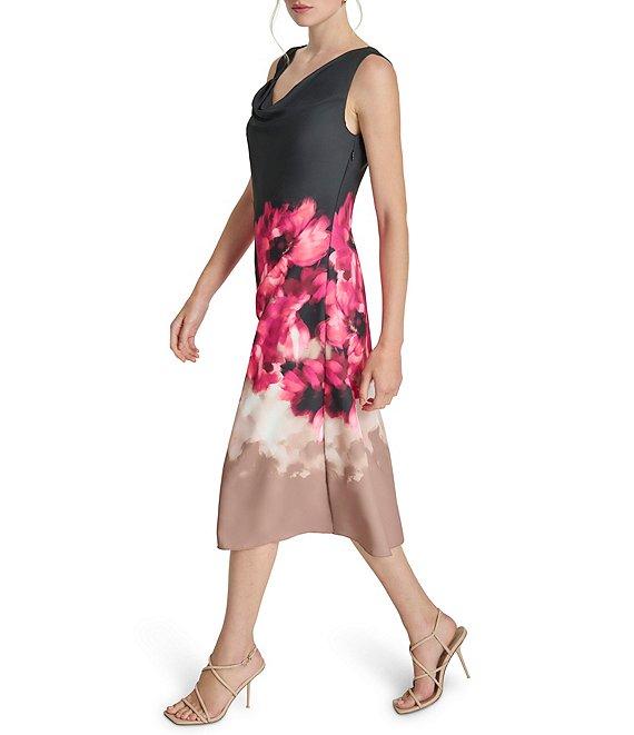 DKNY by Donna Karan Floral Woven Cowl Neck Sleeveless Midi A-Line Dress Product Image