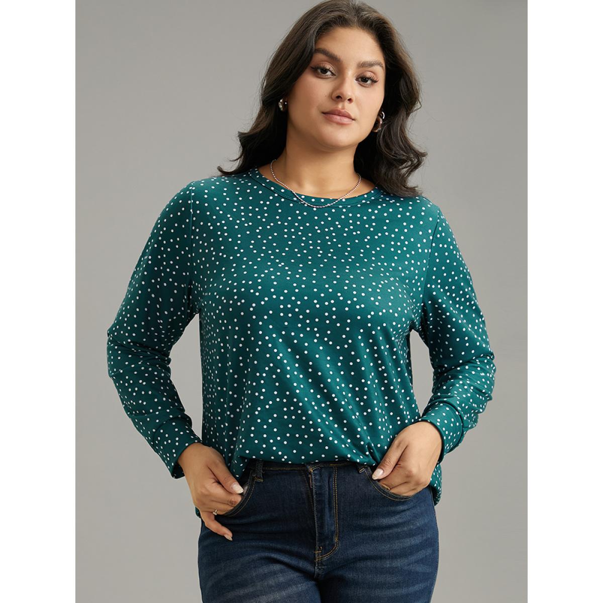 Plus Size Polka Dot Contrast Basic T-shirt Arctic Women Casual Printed Polka Dot Round Neck Dailywear T-shirts BloomChic 14-16/1X Product Image