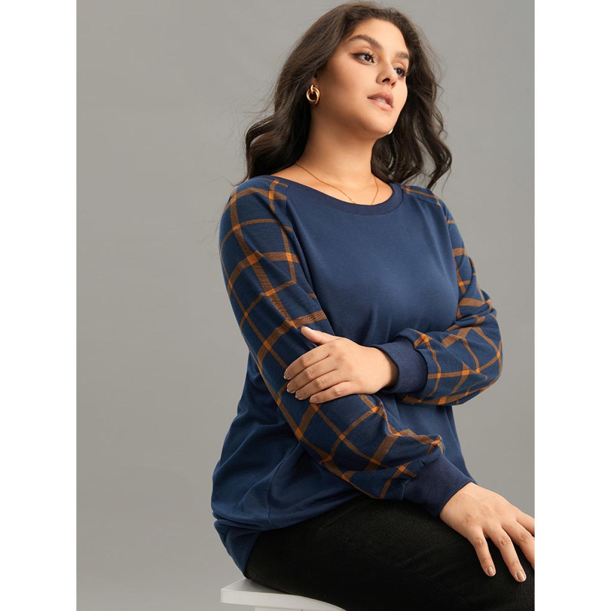 Plus Size Plaid Two Tone Patchwork Rib Knit Sweatshirt Women Indigo Elegant Rib Knit Round Neck Dailywear Sweatshirts BloomChic 14-16/1X Product Image